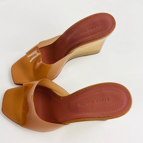 Amina Muaddi Lupita Glass Wedge PVC Strap Tan/Brown Mules size 36.5 US 6.5 - Picture 2 of 12